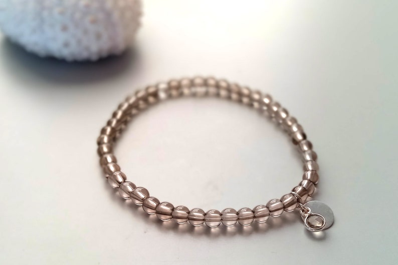 Smoky quartz semi-precious stone bracelet with silver pendant and charm image 1