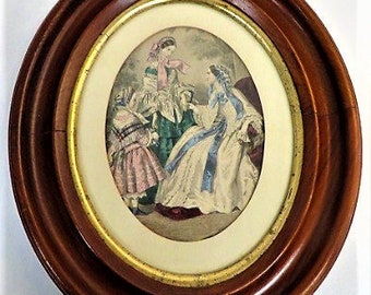 Antique framed 1850s-1860s hand-colored French fashion plate Magasin des Demoiselles