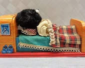 50s Linemar Toys flocked tin litho battery operated sleeping bear, Japan