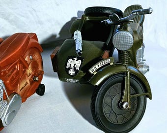 Vintage 60s Cherilea WW2 German Army Motorcycle and SideCar for 12" Joes and Action Man Figures -- your choice, armed or unarmed.