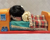 50s Linemar Toys flocked tin litho battery operated sleeping bear, Japan