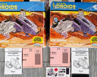 1985 Kenner Droids Side Gunner Box, Paperwork, Planetary Map, Stickers, Star Wars, Power of the Force, POTF