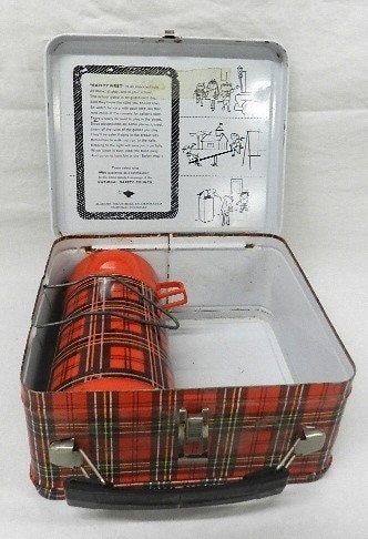 Vintage 1950s Aladdin Red Plaid Metal Lunch Box Thermos, Safety