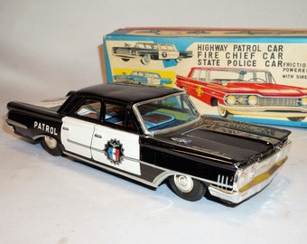 1960 Ford Highway Police Patrol Car, Japan Tin Litho Friction Car With Siren, Excellent Condition In Box