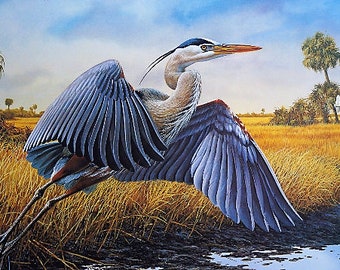 Lee Cable "Everglades Flight-Blue Heron" 1980's signed, numbered, limited edition