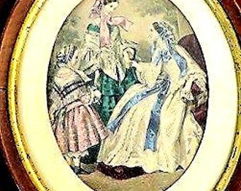 Antique framed 1850s-1860s hand-colored French fashion plate Magasin des Demoiselles