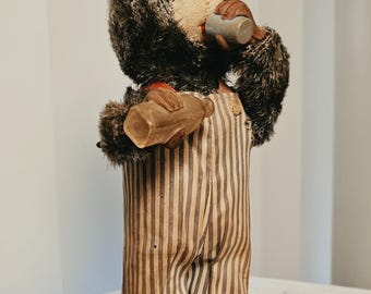 Vintage 60s ALPS Japan tin litho flocked Wind Up Picnic Bear, Drinking Bear, Thirsty Bear Works Like a Charm, Pounds 'em Like a Frat Boy