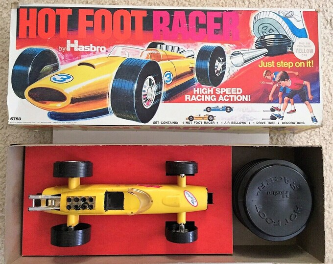 Featured listing image: Vintage 70s Hasbro Hot Foot Racer Mint in Original Box With Inserts!