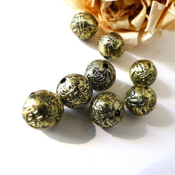 5 X perles acryliques ethniques, bohèmes, dorées, or antique, vieil or, 12 mm, vintage