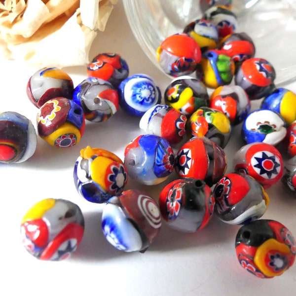 Vintage Perles Millefiori Murano, verre, authentiques, anciennes, années 50, bleu, rouge, jaune