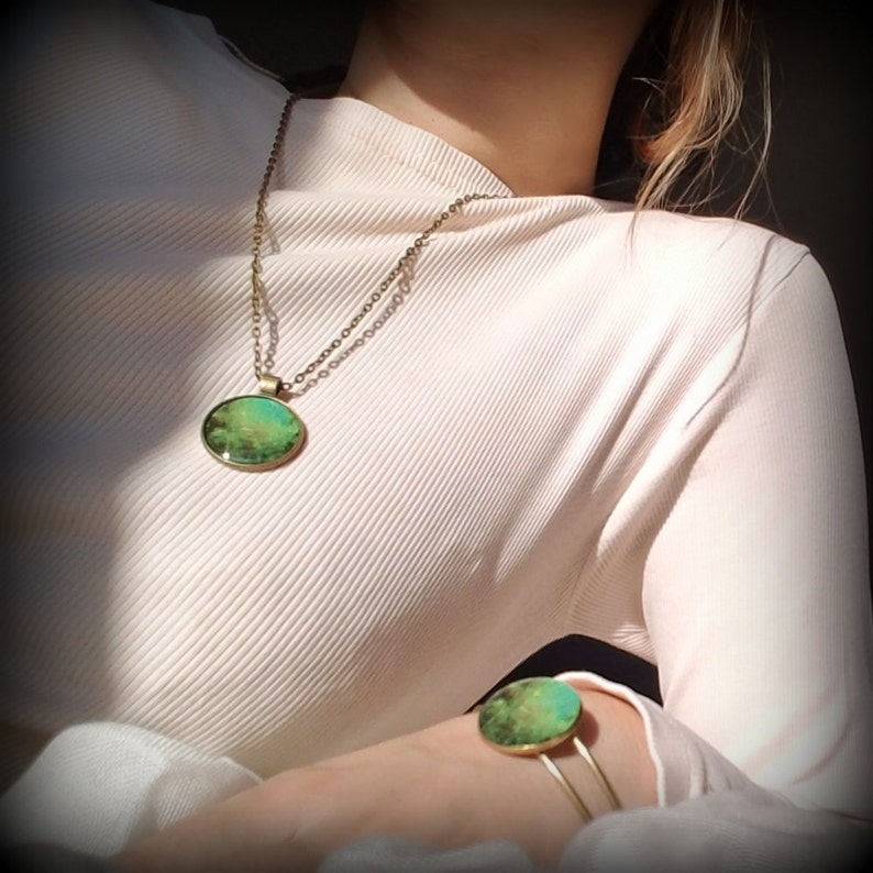 ARTBYSANDRAV Unique Jewelry Set Wearable Art Pendant Necklace Bronze Art Jewelry Set Gifts for Her Cuff Bracelet Green Jewelry Set