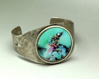 Turquoise Art Chunky Cuff Bracelet, Aged Metal Cuff Bracelet, Unique Cuff Bracelet, Resin Jewelry, Gifts for Her, Art to Wear, ARTBYSANDRAV