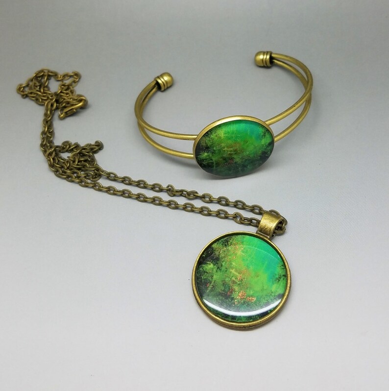 ARTBYSANDRAV Unique Jewelry Set Wearable Art Pendant Necklace Bronze Art Jewelry Set Gifts for Her Cuff Bracelet Green Jewelry Set