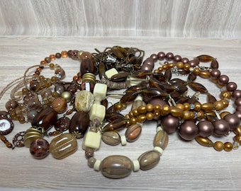 Vintage Costume Jewelry Lot Tangled Necklaces Brown Themed Vintage to Now for Wear Repair Crafting 1 lb