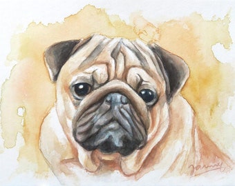Pug Dogs Picture Watercolor Animal Portrait Modern Art Painting Jannys ART