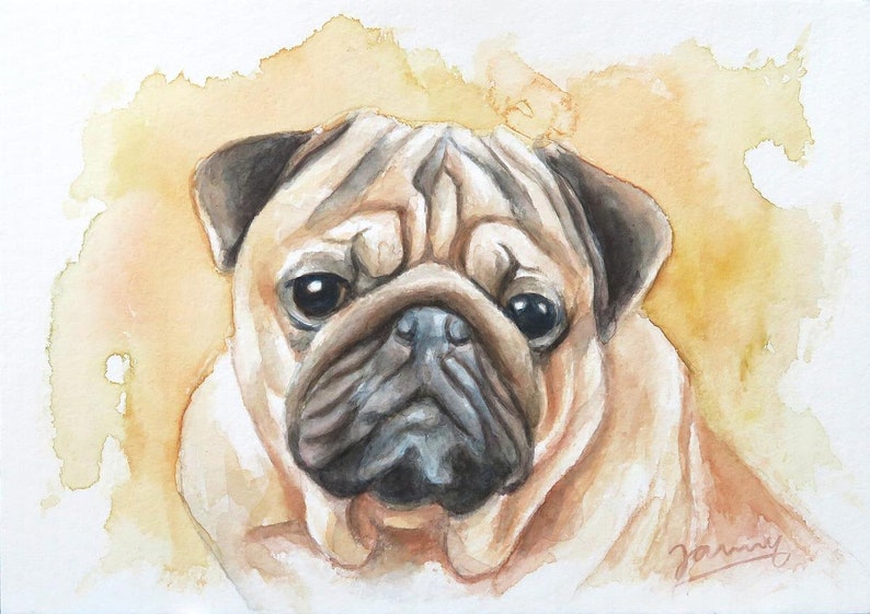 Mops Hunde Bild Aquarell Tier Portrait Moderne Kunst Malerei Jannys ART Bild 1