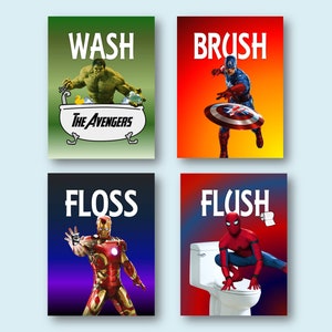 Avengers Superheroes Wash Brush Floss Flush Kids Bathroom Decor Wall Art Prints image 1