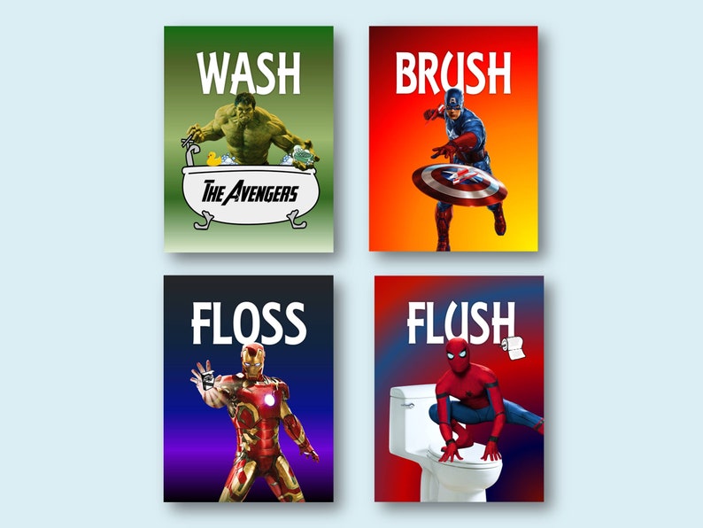 Avengers Superheroes Wash Brush Floss Flush Kids Bathroom Decor Wall Art Prints image 1
