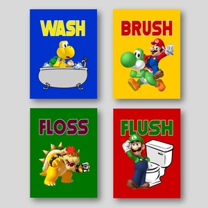 Super Mario V3 Kids Bathroom Decor Wall Art Prints Wash Brush Floss Flush