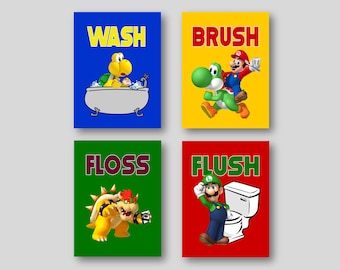 Super Mario V3 Kids Bathroom Decor Wall Art Prints Wash Brush Floss Flush