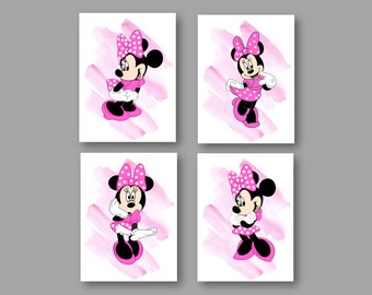 Minnie Mouse Fuchsia Dark Pink Splashes Kids Room Decor Wall Art Prints Set of 4