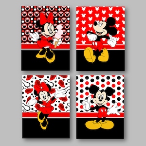 Mickey Mouse and Minnie Mouse Wall Art Prints Kids Room Red Black White Color Scheme