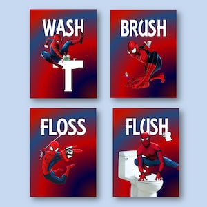 Spiderman Wash Brush Floss Flush Bathroom Decor Wall Art Prints