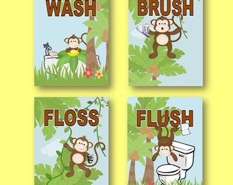 Monkey Business Bathroom Wash Brush Floss Flush Kids Bathroom Decor Wall Art Prints