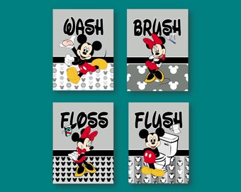 Mickey and Minnie Gray Background Wash Brush Floss Flush Kids Bathroom Decor Wall Art Prints