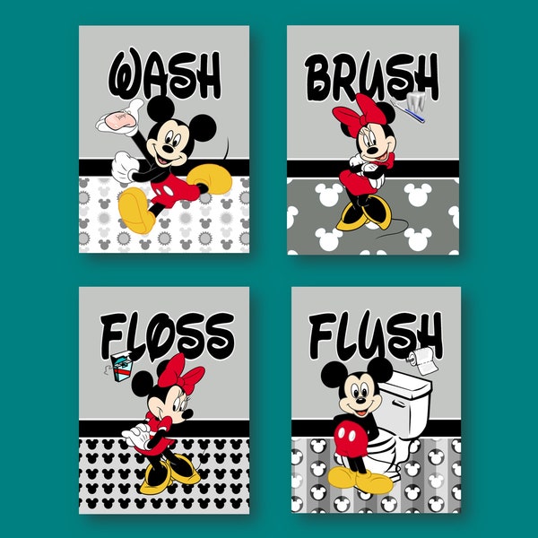 Mickey and Minnie Gray Background Wash Brush Floss Flush Kids Bathroom Decor Wall Art Prints