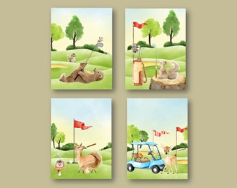 Golf Animals Nursery Wall Art, Kids Golf Decor , Watercolor Animals Golfer Nursery 8"x10" Wall Art Prints
