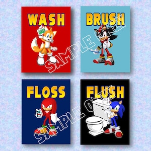 Sonic the Hedgehog Wash Brush Floss Flush Kids Bathroom Wall Art Prints - Set of 4