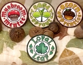 Wise Wood - Wooden Pin Badges - Mushroom Mentee / Sage Sprout / Acorn Apprentice - Loyal Leaf Pin Exclusive for Patrons