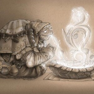 May include: A brown, turtle-like creature wearing a patterned robe and holding a glowing orb in a stone bowl. The creature has a long, beaded necklace and is surrounded by a swirling, white light.