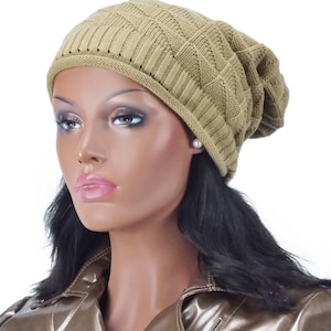 Satin Lined Knit Cap Slouch Hat  in Khaki or Black