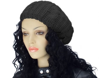 Satin Lined Knit Cap, Knit Hat, Womens Knit Beret, French Style Beret, Black Satin Lined Cap, Crotchet Hat