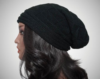 Satin Lined Knit Hat // Slouch Cap// Black Beanie