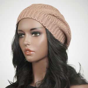 Satin Lined Knit Cap, Knit Hat, Womens Knit Beret, French Style Beret, Brown Satin Lined Cap, Crotchet Hat, Camel