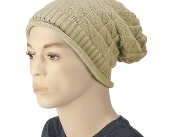Beige Satin Lined Knit Hat, Winter Slouch Beanie, Unisex Cap  display picture 3