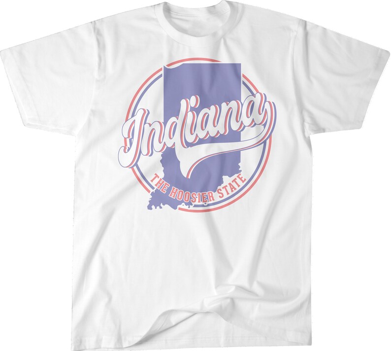 May include: White t-shirt with a red and blue circle graphic featuring the state of Indiana and the text "Indiana The Hoosier State".