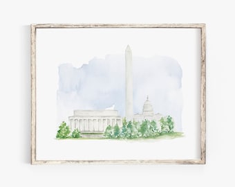 Washington DC Mall - Watercolor Print - Washington Monument/Lincoln Memorial/Capitol Building