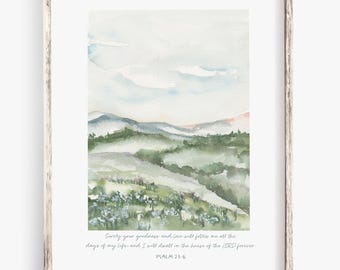 Psalm 23:6 Watercolor Print | Christian Landscape Art