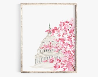 Capitol Building Cherry Blossoms - Watercolor Print - Washington DC