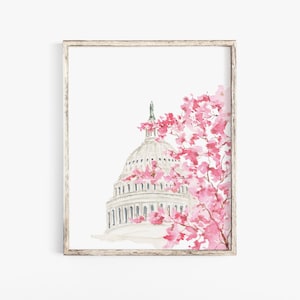 Capitol Building Cherry Blossoms - Watercolor Print - Washington DC