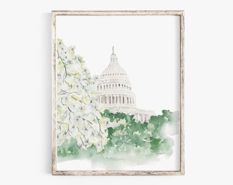 Capitol Building Dogwood Blossoms - Watercolor Print