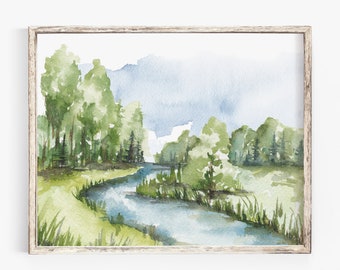 Watercolor Landscape Art Print - River Flow