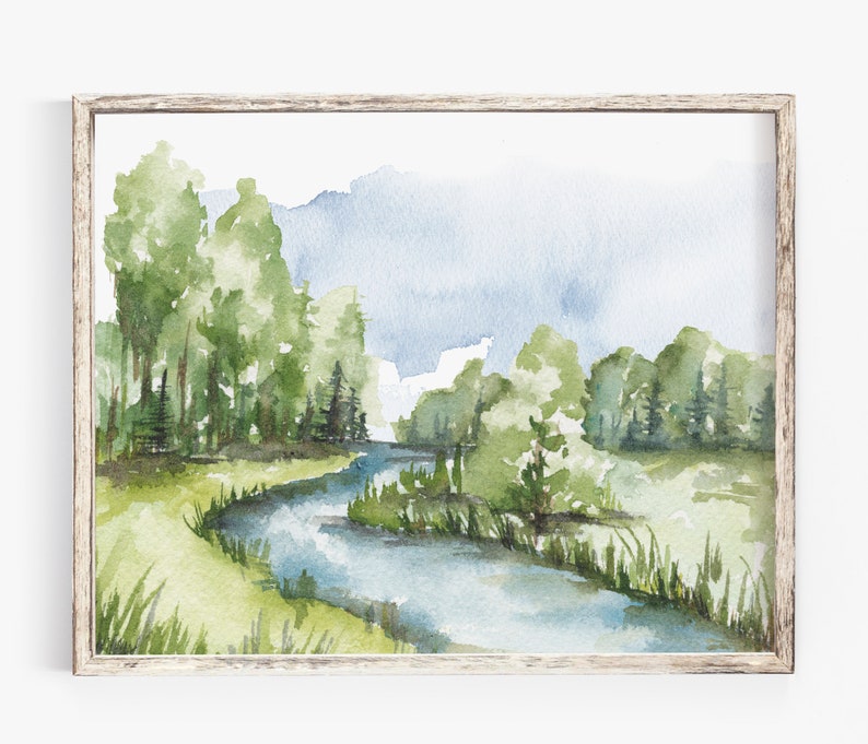 Watercolor Landscape Art Print River Flow image 1