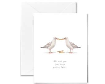 Anniversary Card – Life Is Better with You – Funny Seagull & French Fry Watercolor Card
