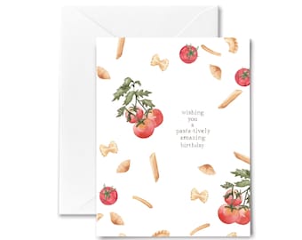Pasta Birthday Card | Watercolor Tomatoes, Pasta Shapes, Foodie Greeting