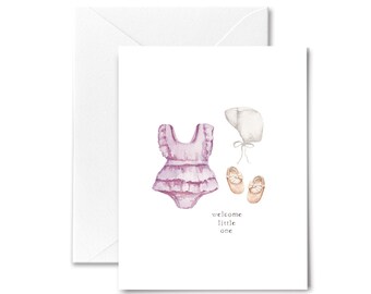 Baby Card - Welcome Little One - Girl -  Clothing Onesie Hat Shoes